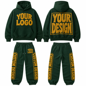Ensemble de survêtement unisexe d'hiver en coton épais vert uni respirant avec logo imprimé en relief, design personnalisé, streetwear à capuche - Product Image 1