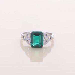 IGI Certified Emerald Cut Green Stone Solitaire Ring in <b>Solid</b> 925 Sterling <b>Silver</b> with Celtic Knot Shank - Product Image 1