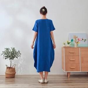 Robe midi vintage en coton à taille haute, manches cloche, avec nœud, coupe trapèze, pour l'été, à manches courtes, en gaze douce et légère, tenue d'intérieur naturelle - Product Image 3