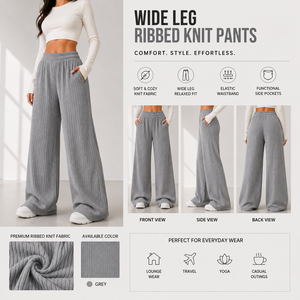 High Waist Wide Leg <b>Pants</b> Knitted Cotton Spandex Elastic Waist Loose Fit Full Length Solid Gray Casual <b>Pants</b> - Product Image 5