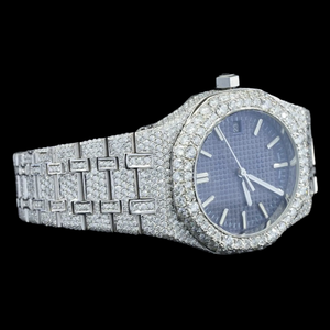 Reloj de Cuarzo con Diseño Moderno Hecho a Mano, Totalmente Cubierto de Diamantes de Imitación Estilo Hip Hop, Esfera Redonda Azul con Fecha Automática - Product Image 4