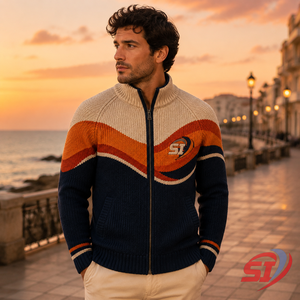 Custom Intarsia Knit <b>Jacket</b> Full Zip Ribbed Sweater Wave Pattern <b>Cardigan</b> Private Label OEM ODM Knitwear Supplier - Product Image 6