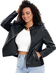 Veste moto en cuir PU pour femme, manches longues, fermeture éclair, couleur unie, col montant, style automne, longueur normale - Product Image 5