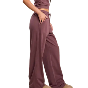 Pantalones anchos de mujer al por mayor con cintura elástica y cordón, bolsillos laterales, ajuste holgado, largo completo, dobladillo abierto, ropa casual de descanso OEM ODM - Product Image 1