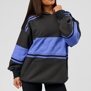 Sudadera de forro polar extragrande con capucha y bloques de color negro y azul para mujer, con bolsillos, hombros caídos y manga larga, ideal para otoño. - Product Image 6