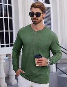 Chemise Henley à manches longues pour homme, couleur verte, coupe classique, en coton tricoté, haut décontracté, couleur unie, respirant, col rond - Product Image 6