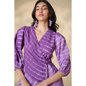 Vestido midi morado estampado para mujer, vestido informal de algodón con cuello en V y mangas, vestido de verano - Product Image 3