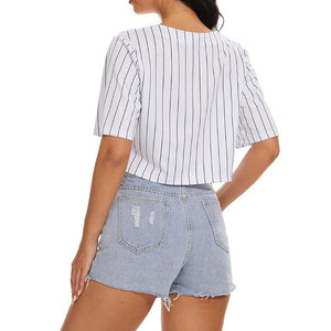 T-shirt de baseball court à rayures pour femme, col en V, chemisier de softball à manches courtes, haut court décontracté et athlétique - Product Image 2