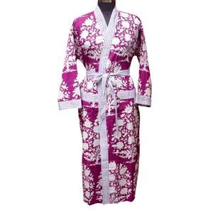 Robe kimono pour femme, style classique, 100% coton, col en V, fermeture à ceinture, longueur intégrale, douce, respirante, pour la maison - Product Image 1
