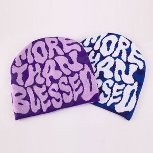 <b>Purple</b> Jacquard Knit Beanie With Letter Pattern Unisex Street Style <b>Hat</b> 56-58CM Adult Casual Wear Multi Color Beanie <b>Hat</b> - Product Image 2