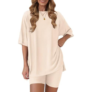 Women's Beige 2-Piece <b>Knitted</b> <b>Set</b> O-Neck Loose Short Sleeve Top With Above Knee Shorts Solid Breathable Casual Spring Summer - Product Image 1