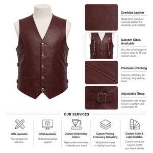 Chaleco de Cuero Sintético Color Borgoña con Cuello en V para Hombre, Talla Grande, Estilo Casual Elegante, Cierre de Botón, 100% Cuero - Product Image 5