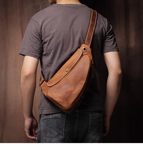 Sac de poitrine vintage en cuir véritable, sac à bandoulière, fermeture éclair, durable, usage quotidien, toutes saisons, pour homme - Product Image 4