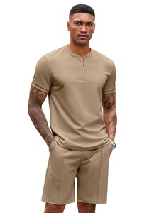 Custom Logo Men's Breathable Knitted Zip Front <b>Collar</b> <b>T</b>-<b>Shirt</b> Short Pant Casual Summer Sportswear Fitness Gym Training Wholesale - Product Image 1