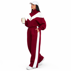 <b>Women's</b> Maroon <b>White</b> Color Block Printed 2-in-1 Tracksuit Set Full Sleeve Turtleneck Zipper Sporty Loose Fit <b>Joggers</b> Front Side - Product Image 3