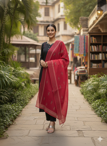 Elegante Conjunto de Kurti Negro de Algodón Puro con Estampado a Mano, Dupatta de Algodón Mul Rojo y Adornos de Espejo - Product Image 4