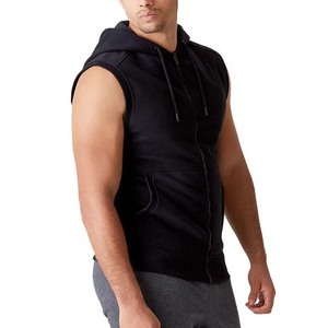 Sweat-shirt à capuche sans manches pour homme, fermeture éclair, couleur unie, coupe décontractée, longueur normale, tissu en molleton français, vêtements d'automne - Product Image 2