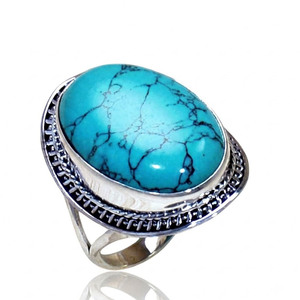 Bagues de Fiançailles et de Mariage Classiques en Argent Sterling 925 avec Pierre Précieuse Turquoise Taille Ovale et Sertissage Clos, Idéales pour Fêtes et Anniversaires, Vente en Gros - Product Image 1