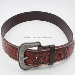 Ceinture en cuir pleine fleur pour homme, style western, avec motifs floraux classiques en relief, parfaite pour un usage décontracté. - Product Image 3