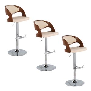 Tabouret de bar réglable Pino Mid Century Modern en métal chromé et bois de noyer, pivotant en similicuir crème avec pied en T arrondi - Product Image 1