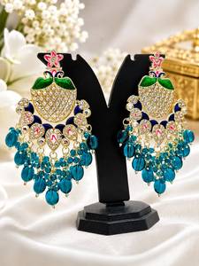 Indian Traditional Meenakari Peacock <b>Earrings</b> Gold Plated Kundan Statement Chandelier Dangle <b>Earrings</b> with <b>Blue</b> Crystal Beads - Product Image 1