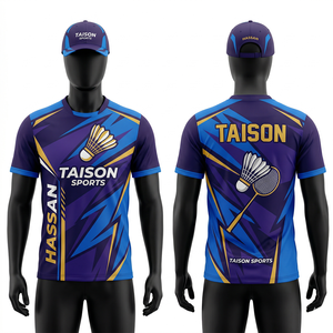 Uniforme de bádminton para hombre, premium, 150 GSM, poliéster transpirable, estampado por sublimación, diseño de paneles azul, morado y dorado, conjunto con logotipo personalizado. - Product Image 5