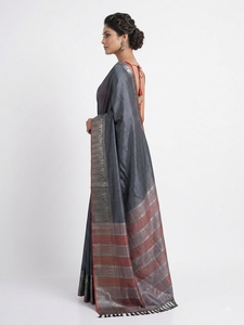 Grey Silk <b>Saree</b> <b>Red</b> Border Silver Zari Work for Women Traditional Wedding Wear Floor-Length Regular Fit Bollywood Style All - Product Image 3