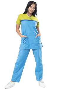 Women Blue <b>Scrub</b> <b>Set</b> with Yellow Accent Hospital Uniform Pants Cotton Polyester Knitted Fabric Needle Detection Seamless Fusing - Product Image 4