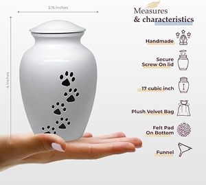 Urne funéraire en céramique pour animaux de compagnie, forme goutte d'eau, blanche avec motif empreinte de patte, hermétique pour chiens - Product Image 2