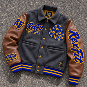 Veste de sport brodée pour homme Rexfit, veste varsity personnalisée, logo personnalisé en chenille, manches en cuir, fermeture à boutons pression, fournisseur de blousons bomber - Product Image 2