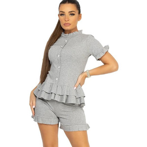 Custom <b>Women</b> Ruffle Short Set Button Front Peplum Top High Waist Shorts Casual Fashion Two <b>Piece</b> <b>Outfit</b> OEM Supplier - Product Image 1