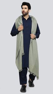 Men's Navy Blue Cotton <b>Kurta</b> Set With Light Green Shawl Traditional <b>Indian</b> Pakistani Casual Wear Regular Fit Floor-Length - Product Image 3