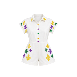 Black <b>Women's</b> Short Sleeves High Waist <b>Romper</b> with Turn Down Collar Custom Sequined Embroidery Spring/Summer Jester Mask Pattern - Product Image 3
