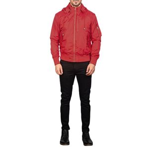 Blouson bomber rouge à capuche pour homme, col montant, fermeture éclair, coupe droite, décontracté, manteau d'automne - Product Image 6