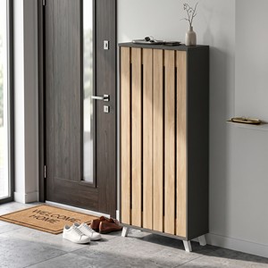 Meuble à chaussures moderne 25_0024 haut de 8 niveaux en bois avec portes à lattes verticales, organisateur d'entrée respirant, rangement autoportant 24~35 - Product Image 1