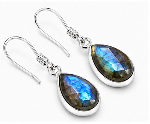 Natural Labradorite Teardrop Sterling Silver Drop <b>Earrings</b> | 925 Silver Pear Shape Dangle <b>Earrings</b> | Flashy Blue Labradorite Gem - Product Image 1