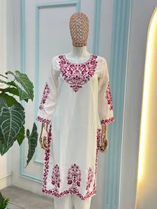 White Floral Embroidered Rayon Viscose <b>Kurta</b>/Kurti Lace Dupatta Floor-Length Quick Dry <b>Women's</b> Ethnic Outfit India Pakistan All - Product Image 6