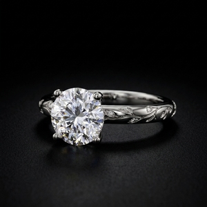 Anillo de Compromiso de Platino PT950 con Grabado Botánico de Flores y Hojas de Sauce Talladas a Mano, Diamante Redondo Brillante de 1 Quilate - Product Image 3