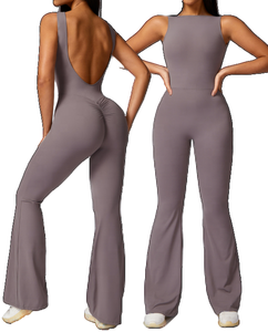 Combinaison pour femme dos nu, col carré, taille haute, jambes évasées, sans couture, couleur unie, en Spandex et Polyester, 1 pièce, ensemble de yoga longueur intégrale - Product Image 3