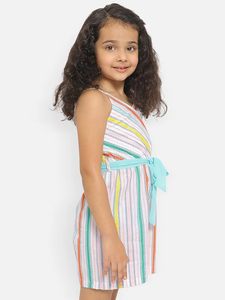 Robe rayée sans manches à col en V pour filles, avec ceinture à nouer, longueur genou, style simple, respirante, mélange polyester-coton - Product Image 2
