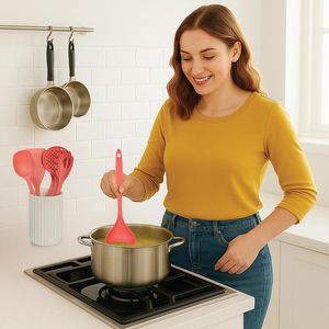 Ensemble de 8 ustensiles de cuisine en nylon antiadhésif avec support, comprenant écumoire, cuillère à spaghetti, spatule, louche et autres ustensiles - Product Image 2