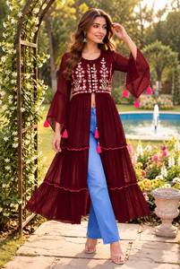Indian Ethnic Wear Heavy Georgette Embroidered Work Top Floral Muslim Ruffle Sleeve Tassel <b>Women</b> Fancy <b>Kurtis</b> Collections - Product Image 2