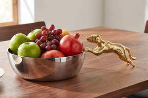 Bol décoratif moderne en métal avec sculpture de chien doré, fait main, poli, style glamour, idéal pour offrir, élégant accent de décoration pour la maison - Product Image 4