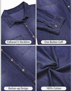 Camisa de Algodón Azul Marino para Mujer, con Botones, Manga Larga, Color Sólido, Cuello Clásico, con Bolsillos, Corte Regular, para Todas las Temporadas - Product Image 6