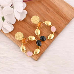 Designer Citrine Hydro & <b>Black</b> Onyx & Rose Chalcedony <b>Dangle</b> <b>Earrings</b> Handmade Fashion Jewelry for Women Brass Gold Plated - Product Image 2