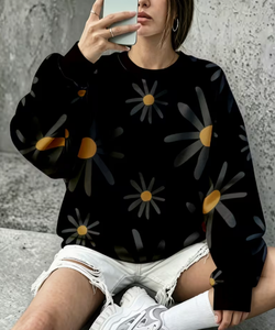 Sudadera Negra Extra Grande con Estampado Floral, Cuello Redondo, Manga Larga, Tejida, Informal, Unisex, para Otoño, 100% Algodón - Product Image 6