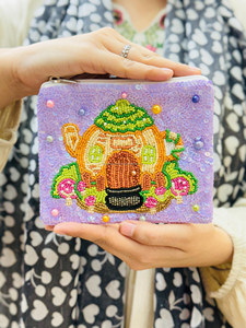 Handmade Beaded Sequin Clutch Bag <b>Purple</b> Zipper Evening Purse Cute Teapot Pattern - Product Image 1