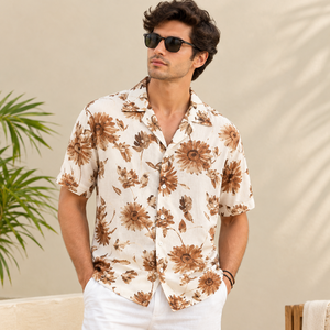 Camisa Vintage Floral para Hombre con Cuello Camp Collar, 100% Algodón Flexible, Manga Corta, Corte Relajado, Estilo Casual para Playa, Verano, Vacaciones - Product Image 2