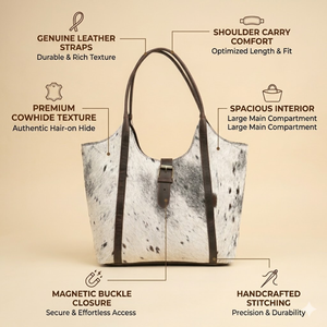 Premium Genuine Cowhide Leather <b>Tote</b> Bag | Brown & White Hair-On Shoulder Handbag for Women, Large Capacity Designer Carry Bag - Product Image 2