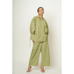 Conjunto de Camisa Oversize Verde de Lino Premium y Pantalones de Pierna Ancha, Manga Larga, Cómodo, Color Sólido, Estilo Simple, Para Todas las Temporadas - Product Image 3